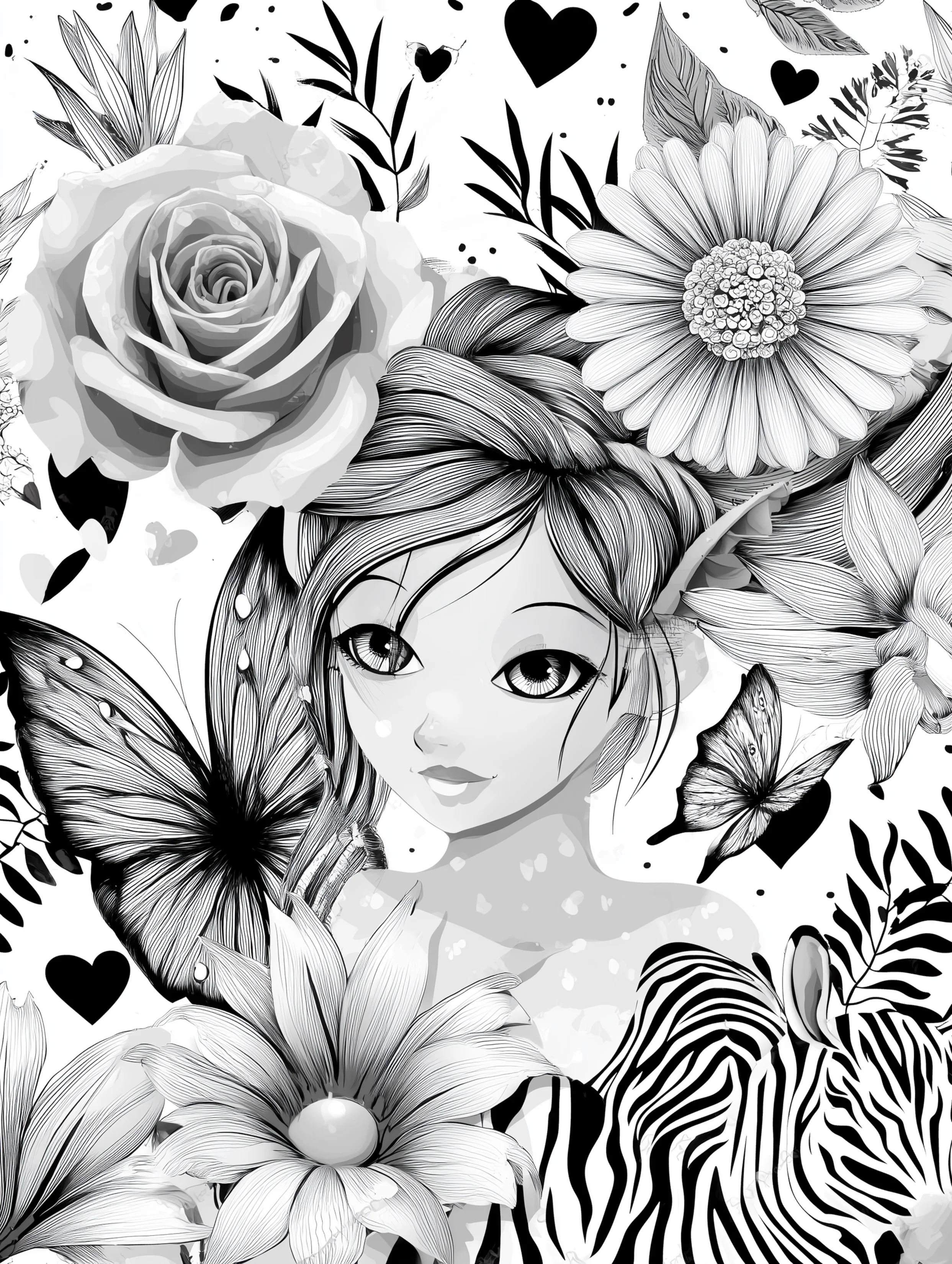 Free printable beautiful fairy coloring page featuring a fairy face with zebra print